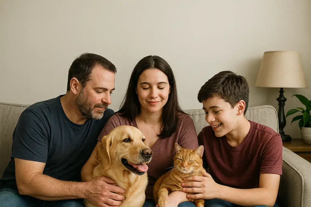 Family spending time with their pets on a sofa
