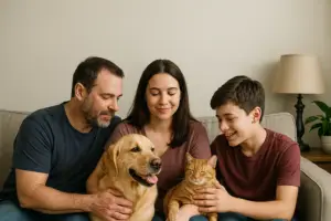 Family spending time with their pets on a sofa