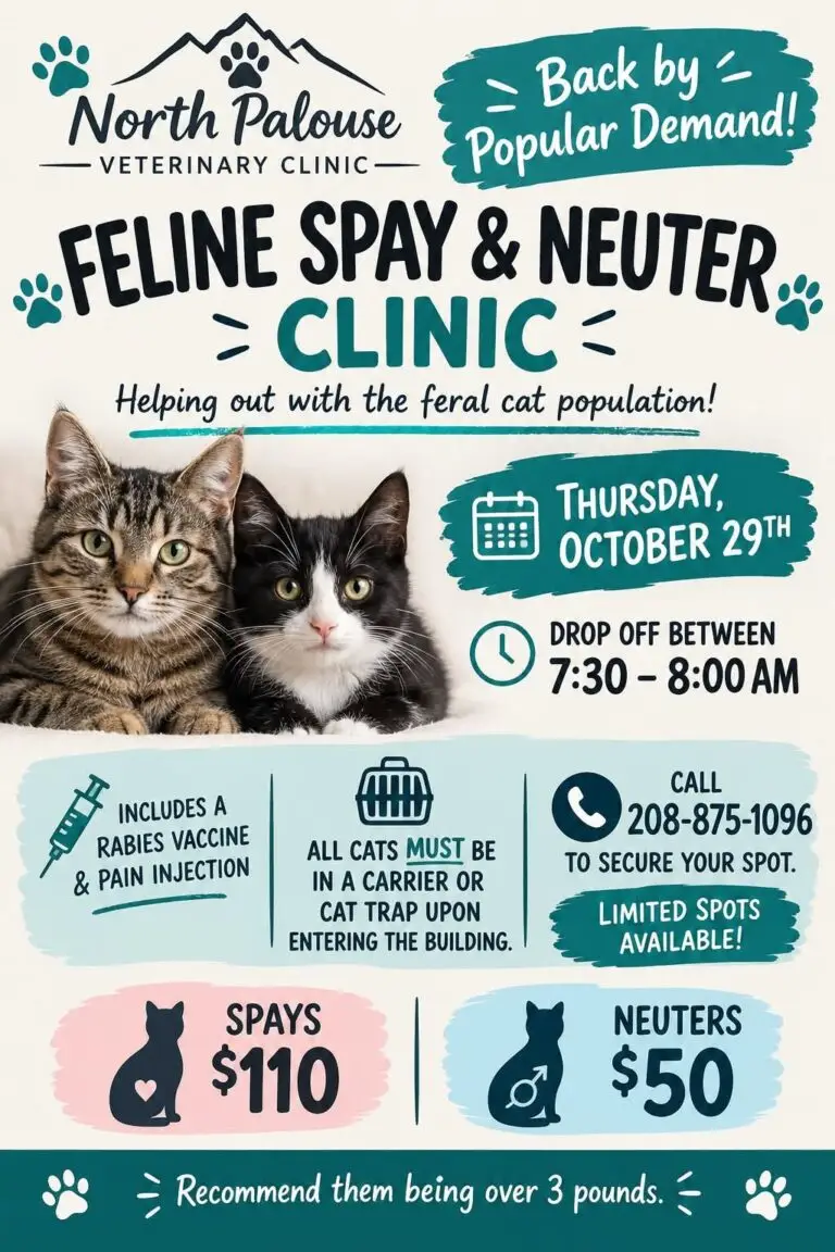 Feline Spay & Neuter Clinic at North Palouse Veterinary Clinic event flyer