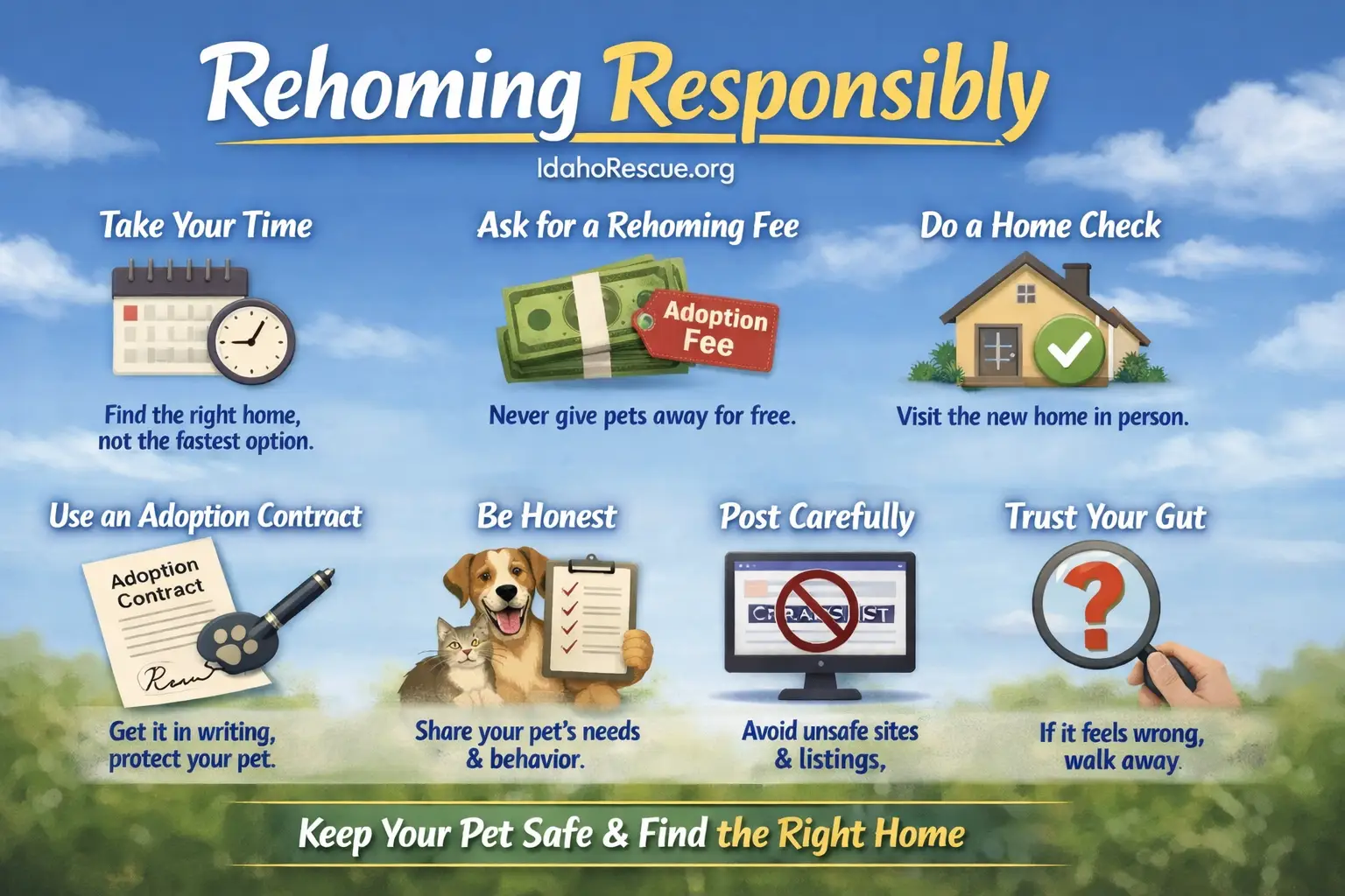 Rehoming responsibly: take your time, ask a rehoming fee, check the home, use a contract, be honest, post carefully, and trust your instincts
