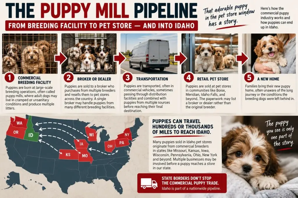 Infographic illustrating the commercial puppy pipeline from breeding facility to broker, transport, retail pet store, and new home