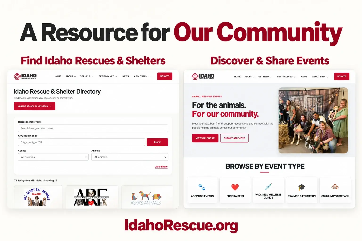 IARN website previews of the Idaho Rescue and Shelter Directory and community events.
