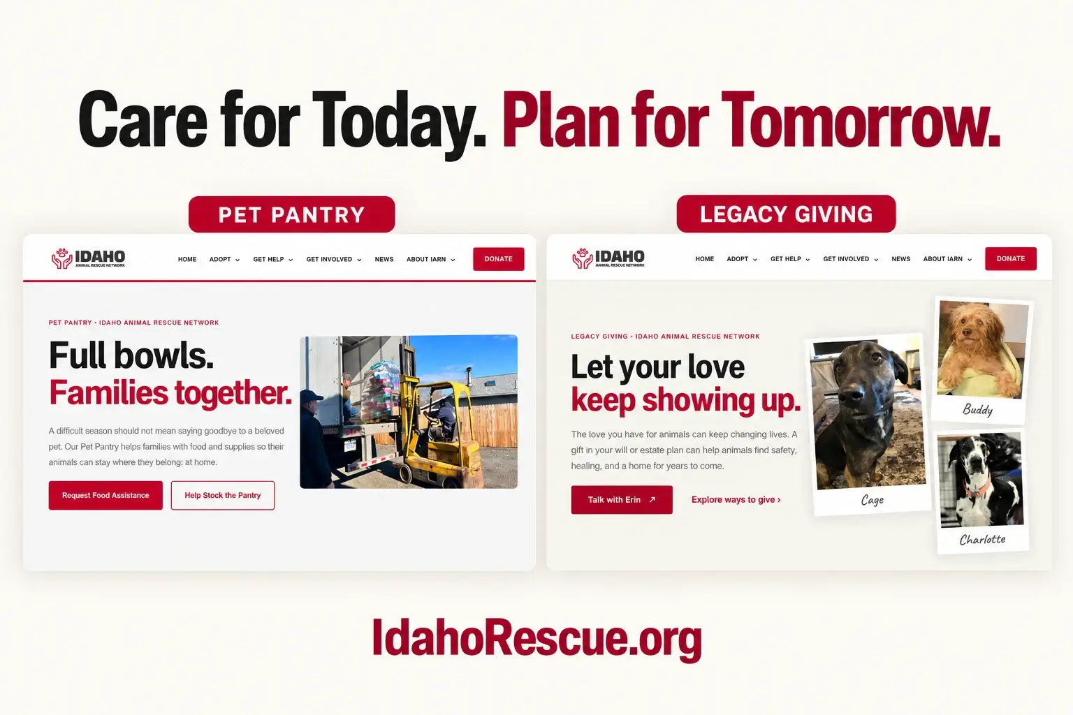IARN’s Pet Pantry and Legacy Giving pages: care for today and plan for tomorrow.